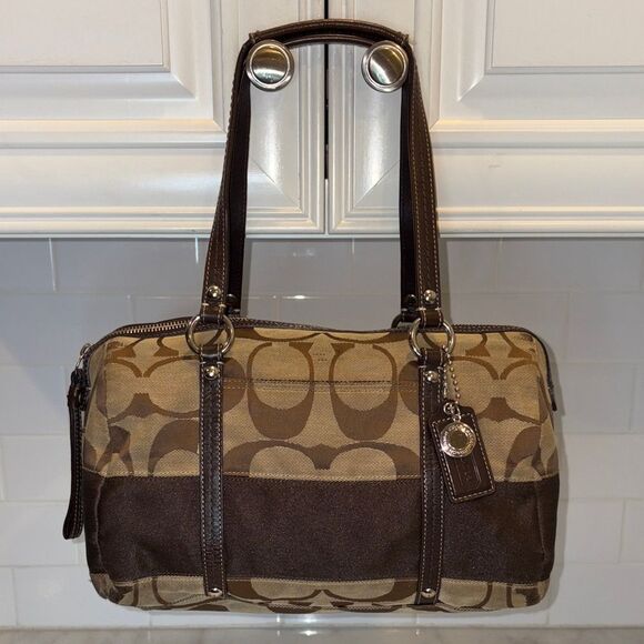 Coach Jacquard Signature Logo Striped Satchel Bag - Picture 1 of 16